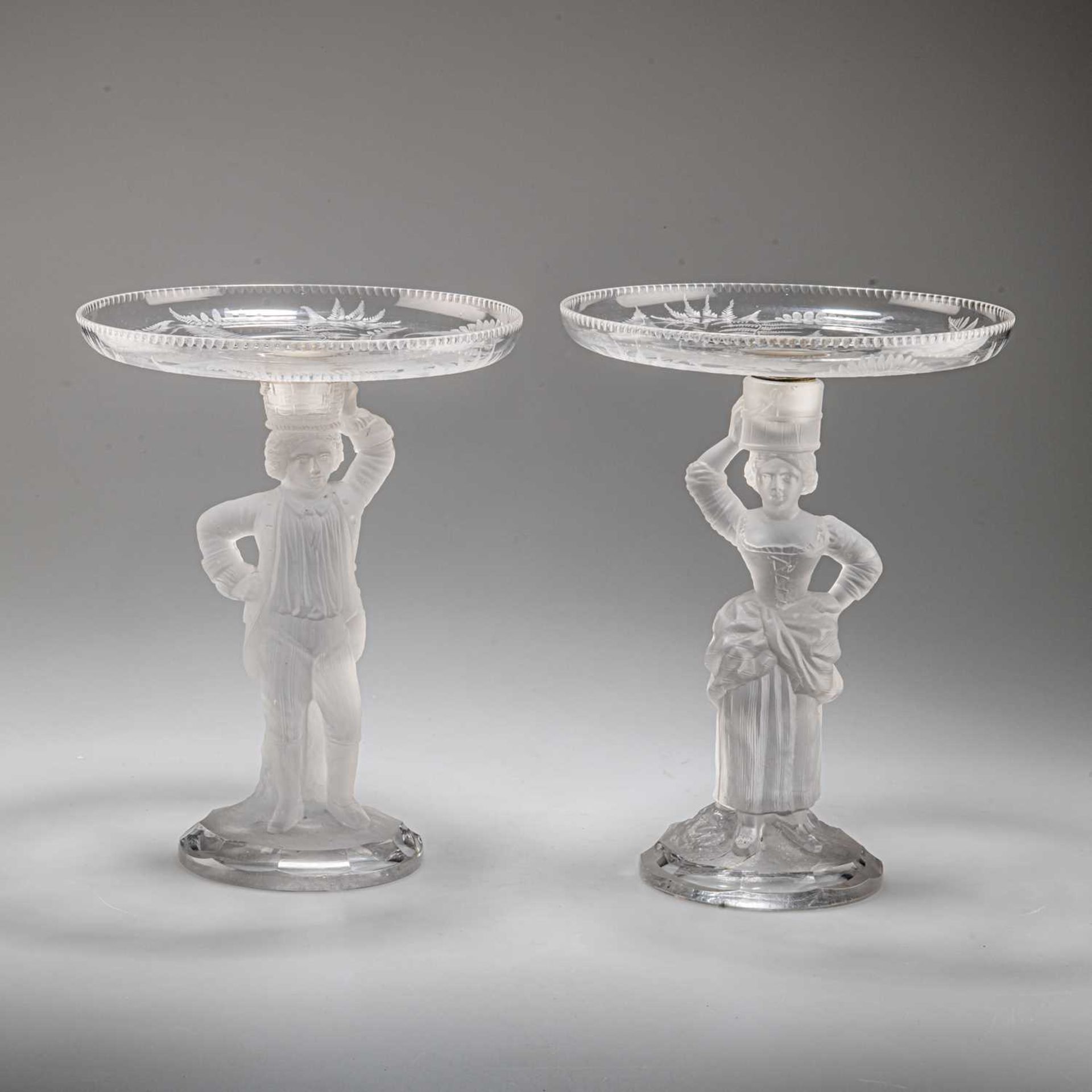 A PAIR OF FIGURAL TAZZAS, BY JOHN FORD & CO, HOLYROOD GLASSWORKS, EDINBURGH, CIRCA 1870