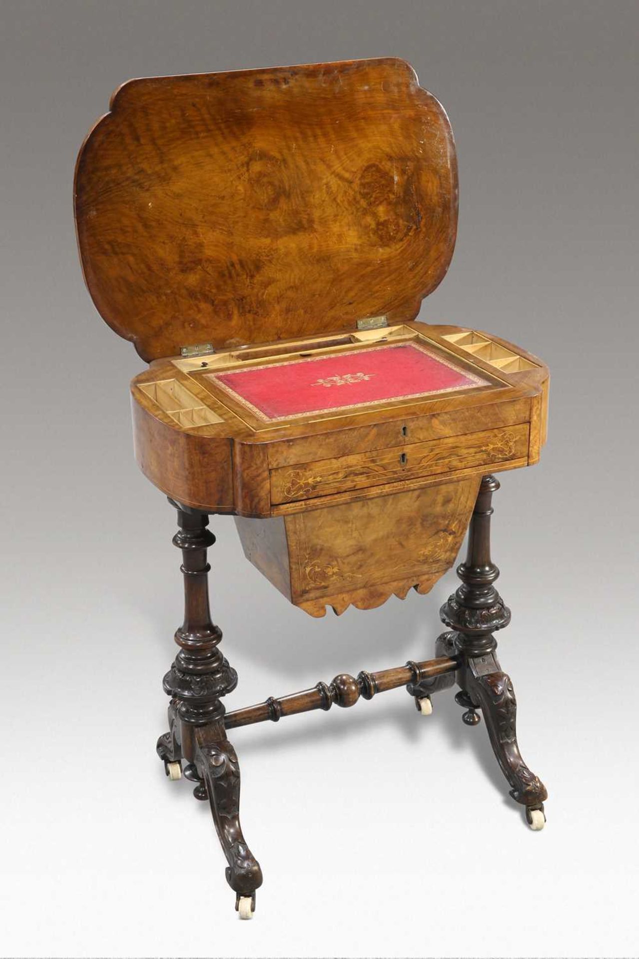 A VICTORIAN INLAID BURR WALNUT WORK/WRITING TABLE