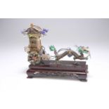 A LATE 19TH CENTURY CHINESE FILIGREE SILVER AND ENAMEL MODEL OF A DRAGON PULLING A CARRIAGE