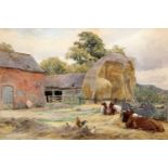 CHARLES JAMES ADAMS (1859-1931) A FARMSTEAD WITH HAYSTACK AND VILLAGE VIEW