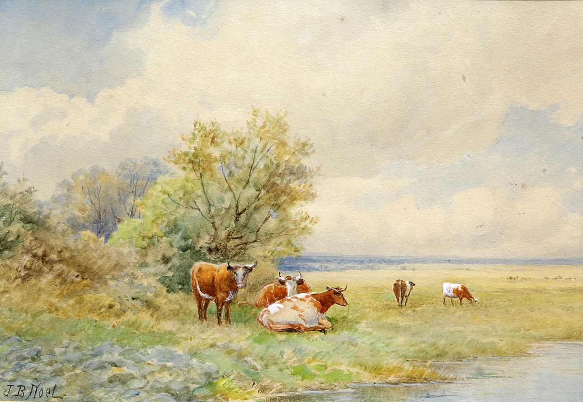 JOHN BATES NOEL (1870-1927) FISHING ON THE RIVER AND CATTLE ON THE RIVERBANK, A PAIR