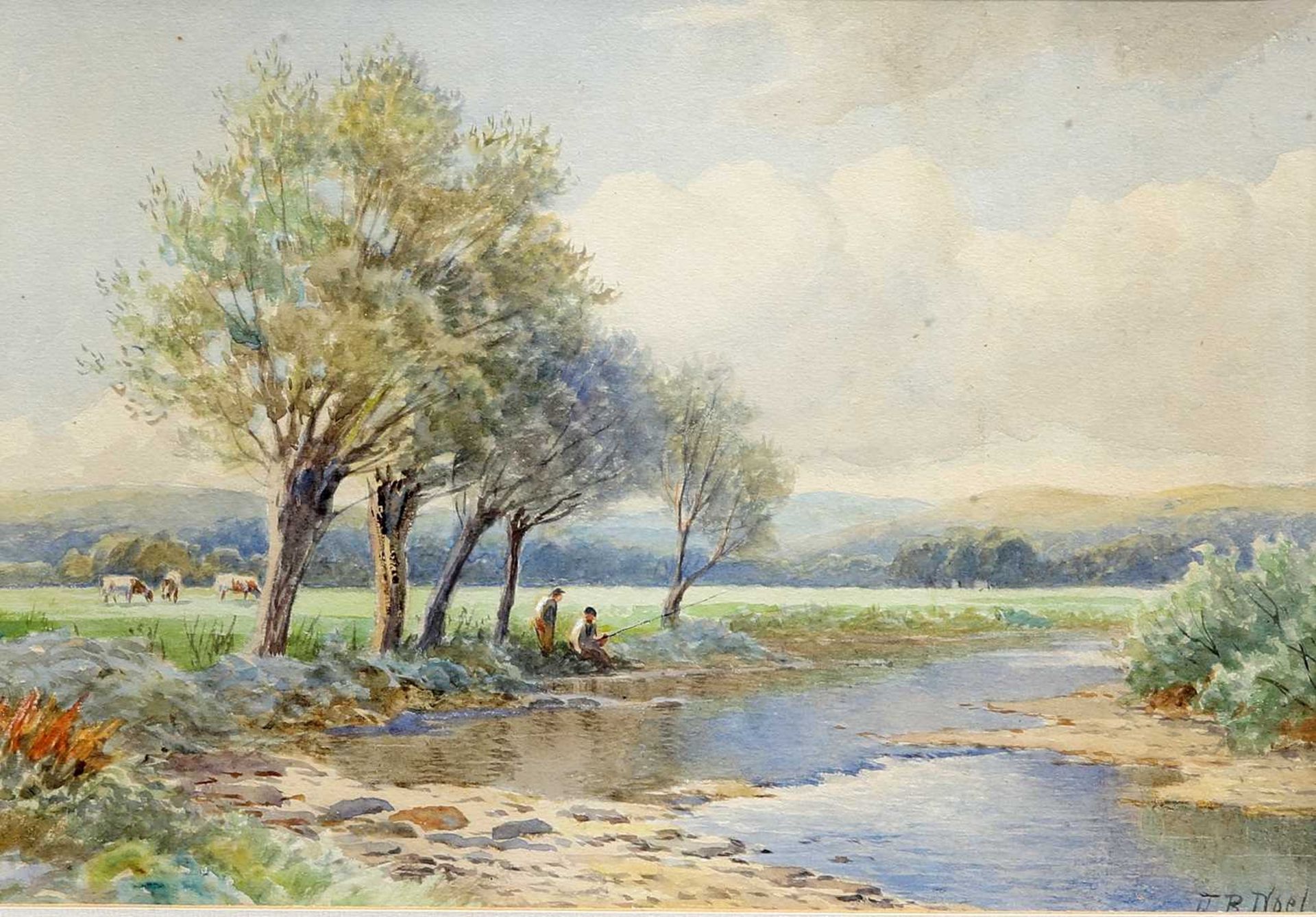 JOHN BATES NOEL (1870-1927) FISHING ON THE RIVER AND CATTLE ON THE RIVERBANK, A PAIR - Image 3 of 4