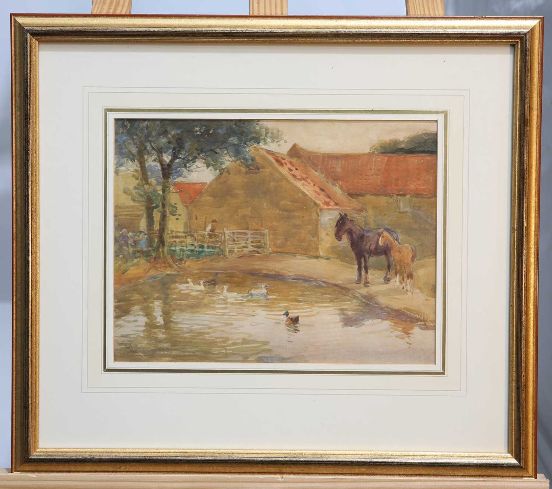 ENGLISH SCHOOL (LATE 19TH/EARLY 20TH CENTURY) SHIRE HORSE AND FOAL BESIDE A POND - Image 2 of 2