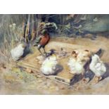 NELLIE HARVEY (EXH 1890-1938) CHICKS AND A BIRD OUTSIDE A FARM