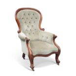 A VICTORIAN MAHOGANY AND UPHOLSTERED SPOON-BACK GENTLEMAN'S ARMCHAIR