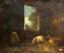 CIRCLE OF GEORGE MORLAND (1763-1804) BARN INTERIOR WITH PIG FEEDING