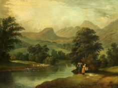 EARLY 19TH CENTURY ENGLISH SCHOOL RIVER LANDSCAPE WITH FIGURES AND GRAZING SHEEP, MOUNTAINS BEYOND