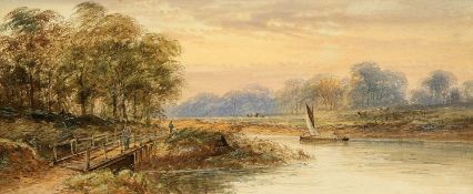 19TH CENTURY ENGLISH SCHOOL RIVER LANDSCAPE WITH SAIL BARGE