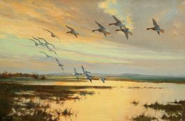 WILFRID BAILEY (BRITISH 20TH CENTURY) GEESE AND DUCKS IN FLIGHT, A PAIR