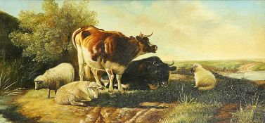 IN THE STYLE OF THOMAS SIDNEY COOPER (1803-1902) CATTLE AND SHEEP RESTING BY A RIVER