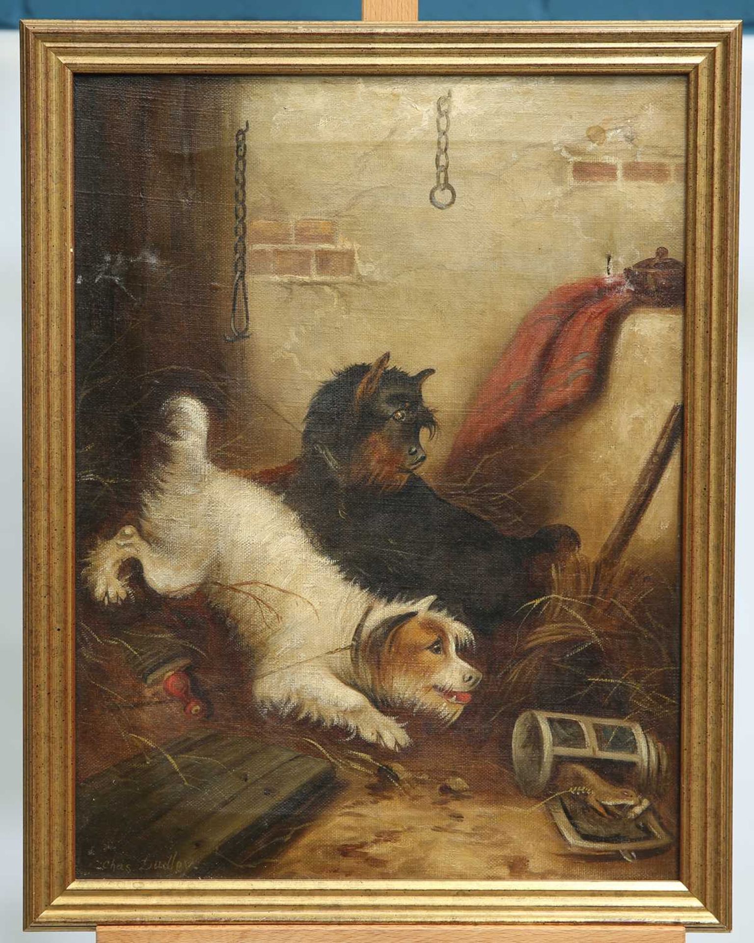 CHARLES DUDLEY (1826-1909) A PAIR OF PICTURES OF TERRIERS CATCHING RATS - Image 3 of 4