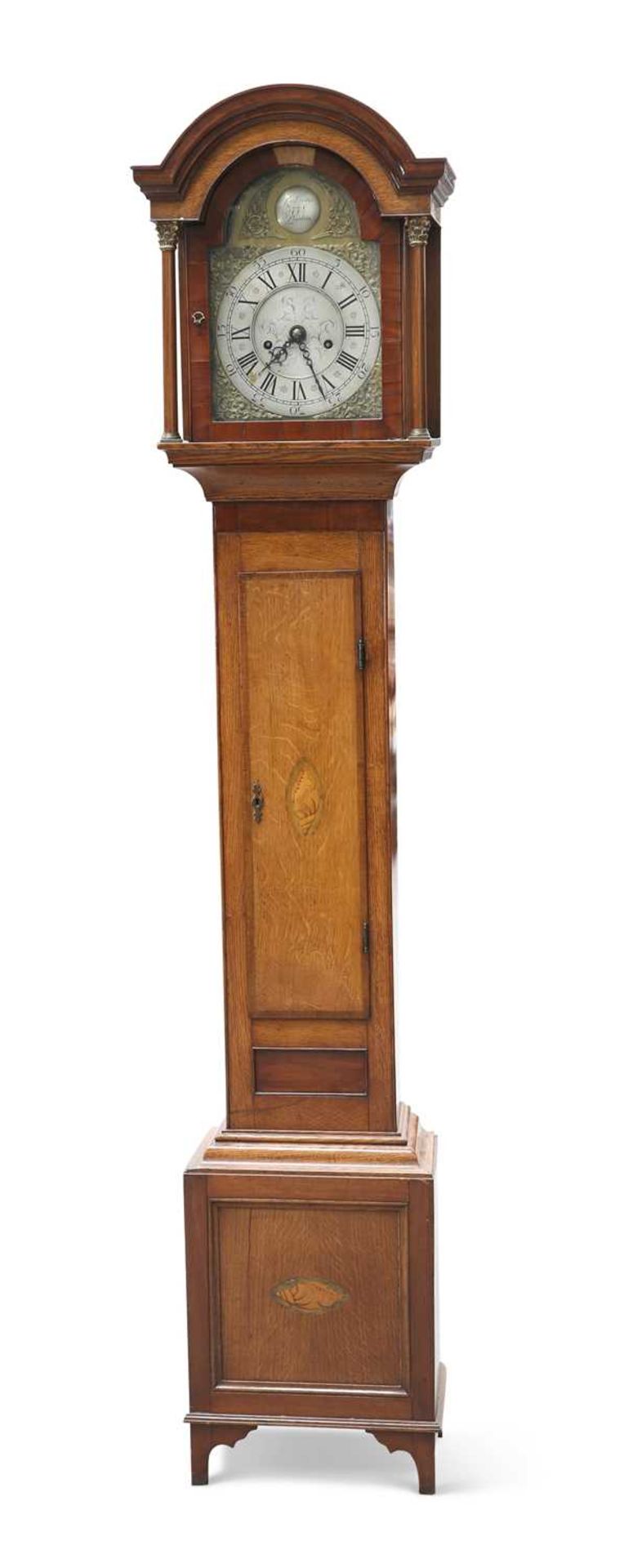 A SMALL INLAID OAK EIGHT-DAY LONGCASE CLOCK