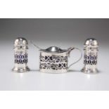 A SILVER MUSTARD AND PAIR OF PEPPERS, EARLY 20TH CENTURY