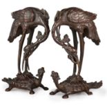 A PAIR OF JAPANESE BRONZE CRANES, MEIJI PERIOD