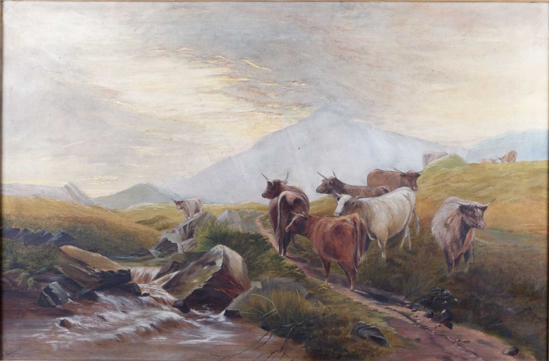 M STAIRMAND (19TH/20TH CENTURY HIGHLAND CATTLE NEAR A RIVER