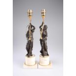 A PAIR OF 19TH CENTURY FRENCH BRONZE AND MARBLE FIGURAL TABLE LAMPS