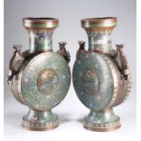 A MASSIVE PAIR OF CHINESE CLOISONNE ENAMEL MOON FLASKS, PROBABLY 19TH CENTURY
