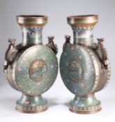 A MASSIVE PAIR OF CHINESE CLOISONNE ENAMEL MOON FLASKS, PROBABLY 19TH CENTURY