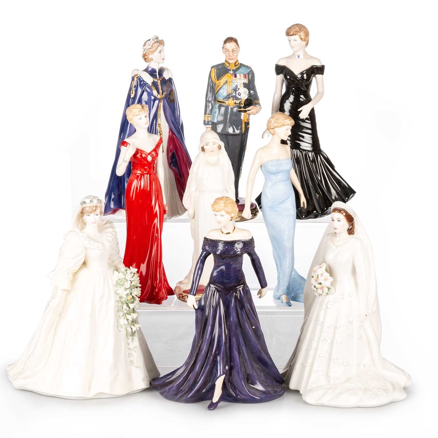 A GROUP OF NINE ROYAL DOULTON, ROYAL WORCESTER AND COALPORT ROYAL FIGURES