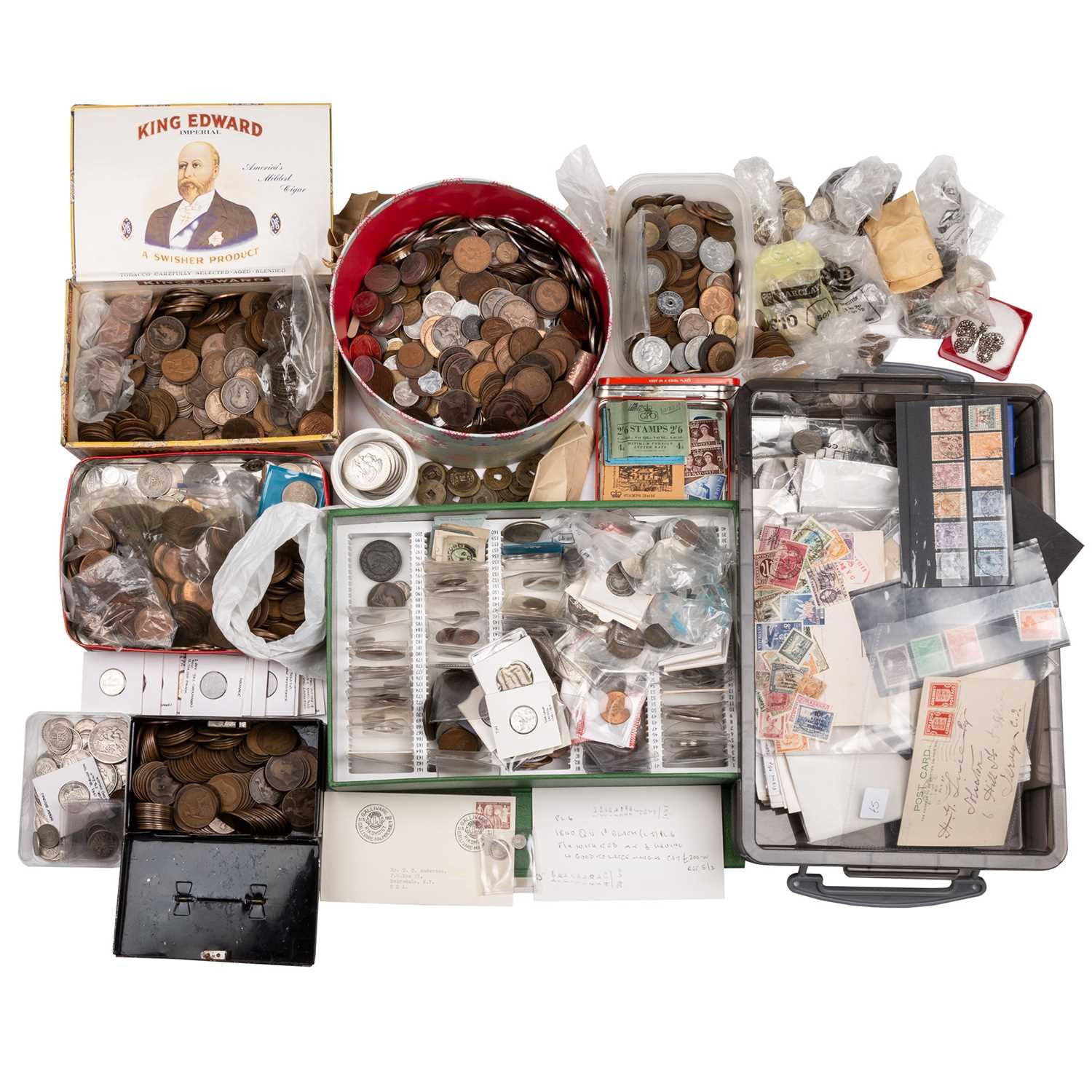 A LARGE QUANTITY OF ASSORTED COINAGE AND STAMPS