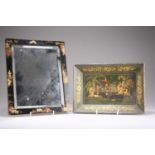 A LATE 19TH / EARLY 20TH CENTURY CHINOISERIE DECORATED BLACK LACQUERED SMALL MIRROR