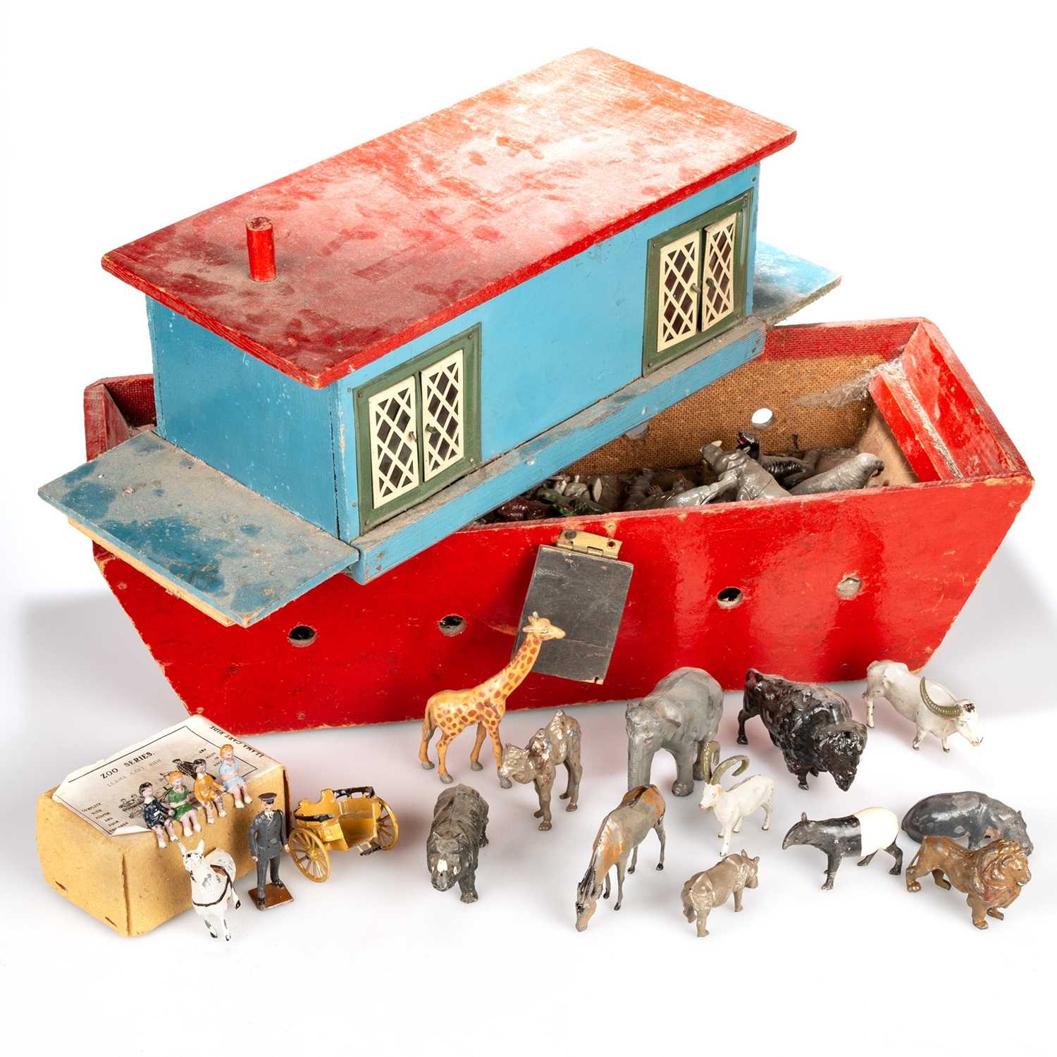 A PAINTED WOODEN ARK WITH LEAD ANIMALS