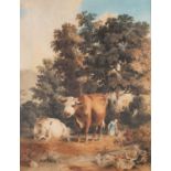 ATTRIBUTED TO ROBERT HILLS (1769-1844) CATTLE AND A FIGURE IN A WOODLAND LANDSCAPE