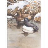 NEIL COX (BORN 1955) DUCKS ON A RIVER AT WINTER TIME