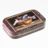 A RARE SWEDISH GOLD-MOUNTED PORPHYRY SNUFF BOX WITH INSET MICROMOSAIC PANEL DEPICTING PLINYS DOVES A