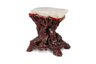 A CHINESE ROOT WOOD AND JADEITE OCCASIONAL TABLE