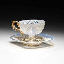 A SALVIATI MURANO GLASS CUP AND SAUCER