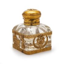 A FRENCH 19TH CENTURY GILT-METAL MOUNTED GLASS INK BOTTLE