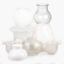 A MIXED GROUP OF GLASS OIL LAMP SHADES