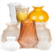 A MIXED GROUP OF GLASS OIL LAMP SHADES