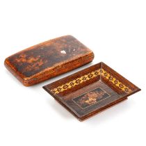 A 19TH CENTURY BURR WOOD CIGAR CASE AND A VICTORIAN TUNBRIDGE WARE PIN TRAY