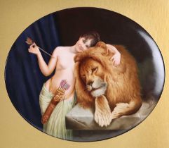 A LARGE CONTINENTAL PORCELAIN OVAL PLAQUE, 'POWER AND LOVE'