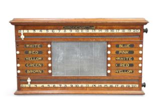 A BURROUGHES & WATTS OAK SNOOKER SCOREBOARD, LATE 19TH CENTURY