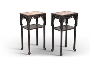 A PAIR OF 19TH CENTURY CHINESE MARBLE-INSET HARDWOOD VASE STANDS
