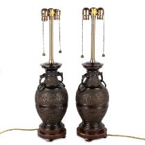 A PAIR OF JAPANESE ARCHAISTIC BRONZE VASES, MOUNTED AS TABLE LAMPS