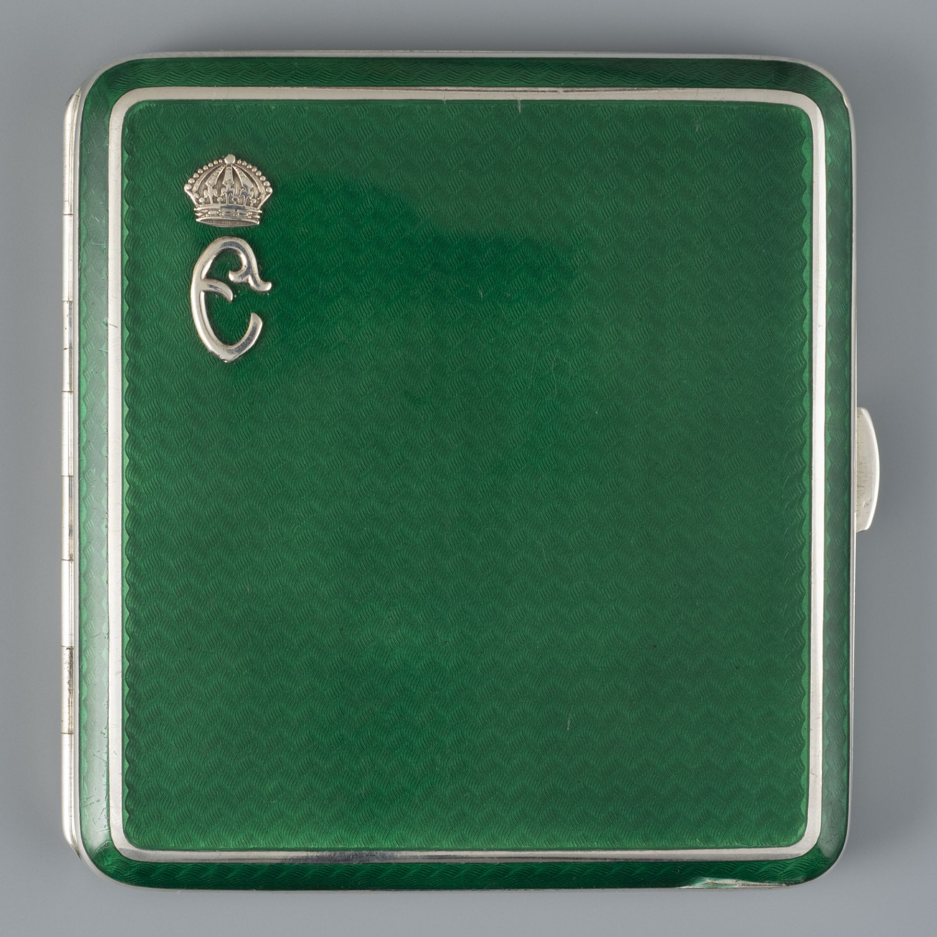 Silver cigarette case with green enamel and monogram of Queen Eleonora