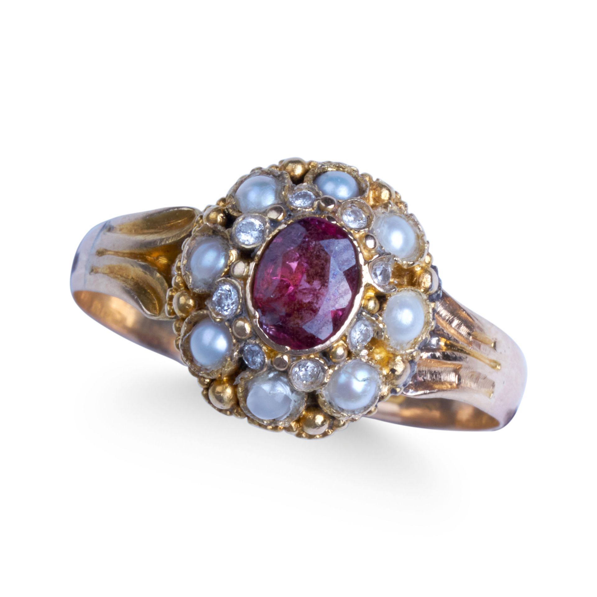 15CT GOLD VICTORIAN RUBY, DIAMOND AND PEARL RING