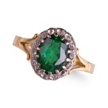 18CT YELLOW GOLD, GREEN STONE AND DIAMOND CLUSTER RING