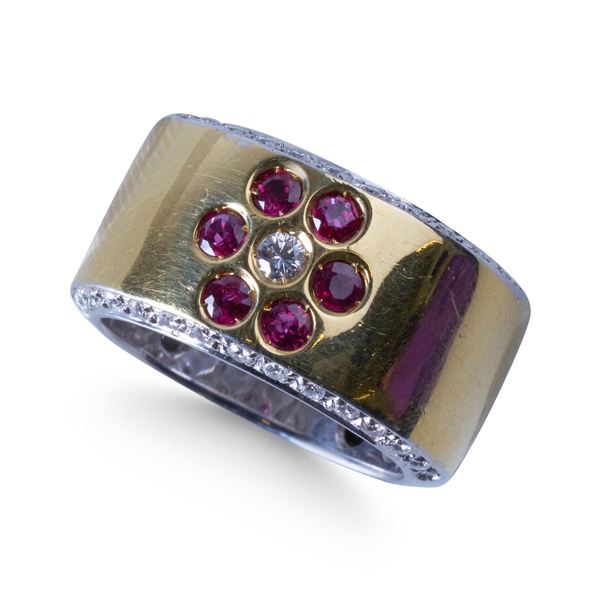 18CT YELLOW AND WHITE GOLD RUBY AND DIAMOND RING