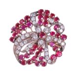 FLORAL RUBY AND DIAMOND BROOCH