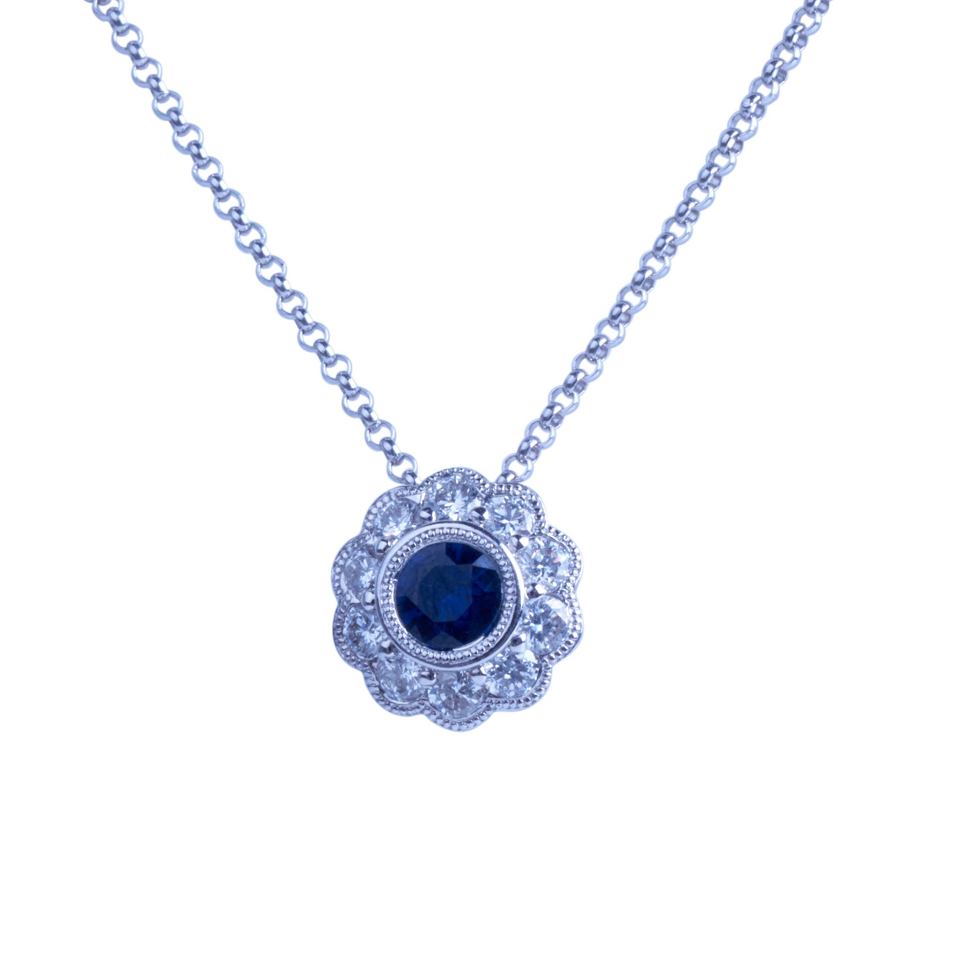 18CT WHITE GOLD BLUE SAPPHIRE AND DIAMOND PENDANT WITH CHAIN