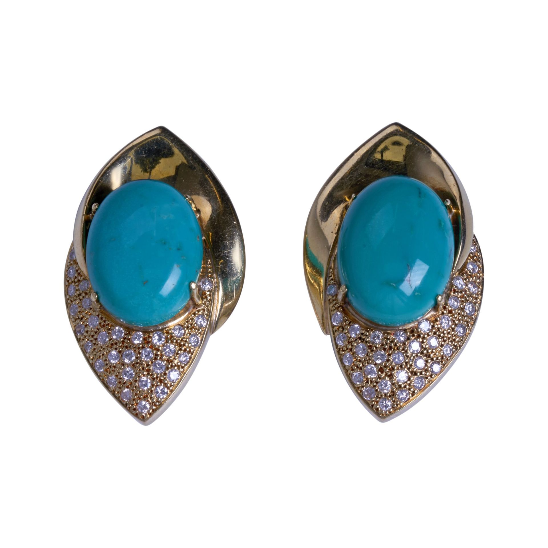 18CT YELLOW GOLD TURQUOISE AND DIAMOND CLIP EARRINGS
