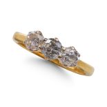 18CT YELLOW GOLD, ROUND BRILLIANT CUT DIAMOND THREE STONE RING.