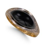 MARQUISE SHAPED CABOCHON BLACK ONIX AND DIAMOND RING.