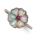 EDWARDIAN HEART SHAPED OPAL AND RUBY CLUSTER RING.