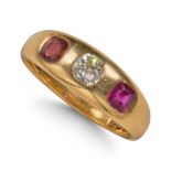 18CT YELLOW GOLD THREE STONE RUBY AND DIAMOND RING.